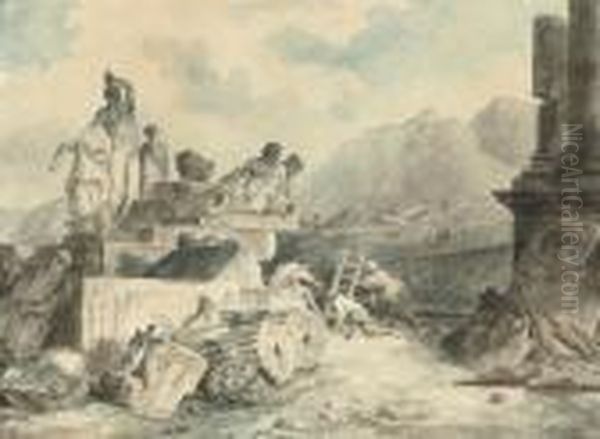 Capriccio Of Classical Statues With Amateur Archaeologists Excavating Ruins Oil Painting by Hubert Robert