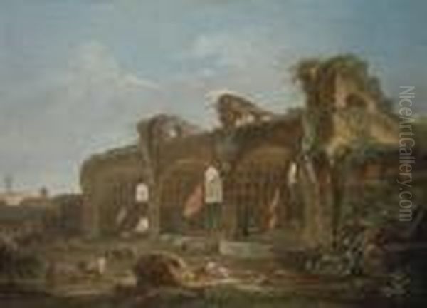 A View Of The Basilica Maxentius
 And Constantine, Rome, Withpeasants And Cattle In The Foreground Oil Painting by Hubert Robert