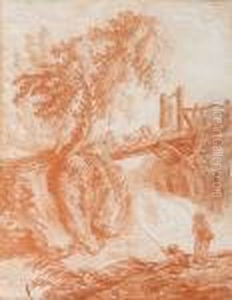 A Rocky River Landscape With 
Fishermen In The Foreground And A Drover And Cattle Crossing A Wooden 
Bridge Beyond Oil Painting by Hubert Robert