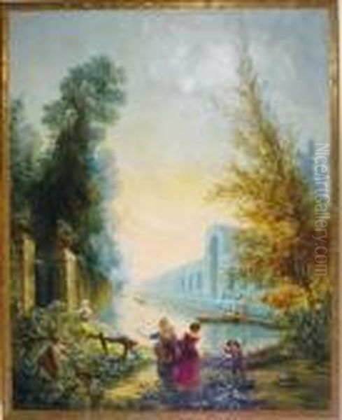 Elegant Figures Boating In The Park; And A Companion Painting Oil Painting by Hubert Robert