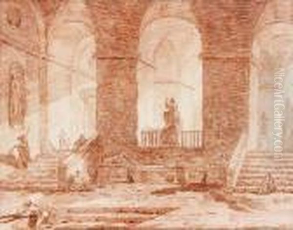 Interieur De Palais Anime Avec Fontaine Aux Lions
 Sanguine Oil Painting by Hubert Robert