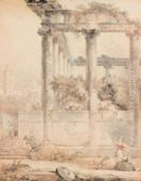 Le Temple De Saturne A Rome Anime De Personnages
 Aquarelle Oil Painting by Hubert Robert