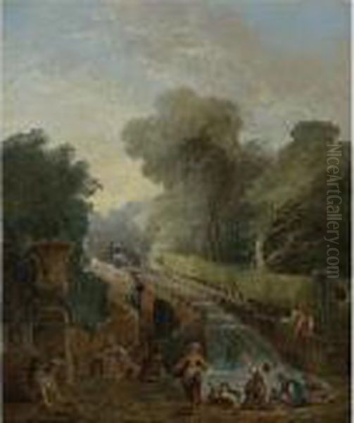 A View Of The Cascade At The 
Villa D'este, Rome, With Women Washing Clothes At Its Base ( Oil Painting by Hubert Robert