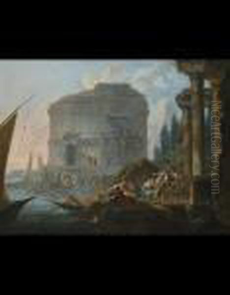 Paesaggio Ideale Sulle Rive Di 
Un Fiume Con Ruderi E Figure Assise, Mentre I Pescatori Ritirano Le Reti Oil Painting by Hubert Robert