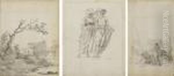 Quatre Pages D'album 
Recto-verso: Un Homme Assis Dans Un Paysage; Un Couple; Deux Hommes Dont
 L'un Assis; Et Une Scene De Tauromachie Oil Painting by Hubert Robert