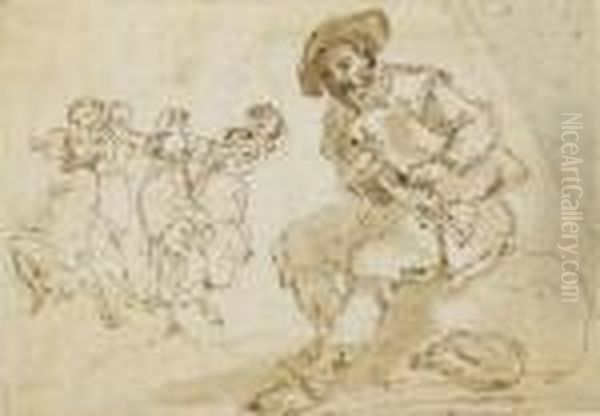 Un Homme Assis Jouant De La 
Cornemuse Et Des Femmes Dansant A L'arriere-plan (recto); Croquis 
(verso) Oil Painting by Hubert Robert