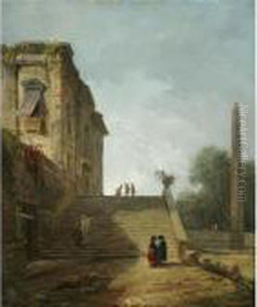 Capriccio Landscape With Figures
 Ascending A Staircase Near An Obelisk In The Gardens Of A Villa Oil Painting by Hubert Robert