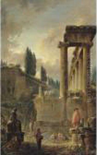 Figures Among Ruins, Including 
An Ancient Colonnade, With A Row Of Poplars In The Distance Oil Painting by Hubert Robert