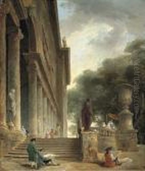 Colonnade Et Jardins Du Palais 
Medici: Gentlemen Sketching In An Italianate Garden; And Restes Du 
Palais Du Pape Jules: An Architectural Capriccio With Haymakers Oil Painting by Hubert Robert