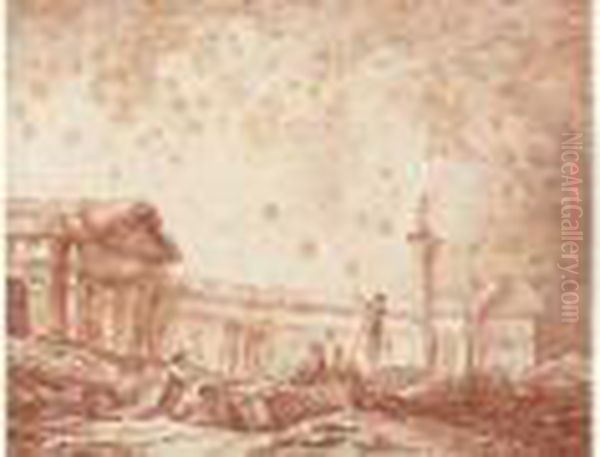 Personnages Dans Un Caprice Architectural Oil Painting by Hubert Robert