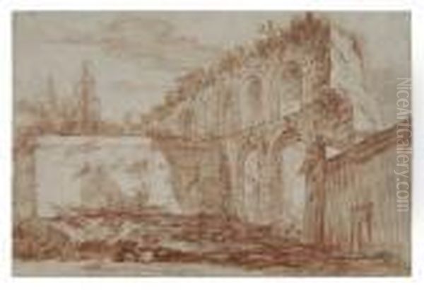 An Italianate Landscape With Ruins Of An Aqueduct Oil Painting by Hubert Robert