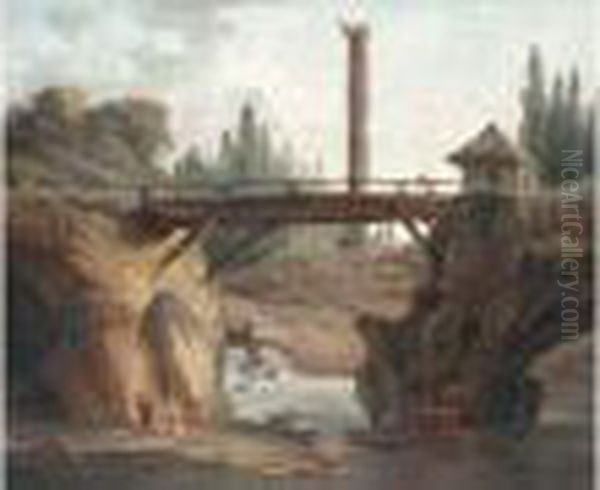 Vue Du Parc De Mereville : La 
Grande Cascade Derriere Le Pont Rustique Et Le Belvedere Domine Par La 
Colonne Trajane Oil Painting by Hubert Robert