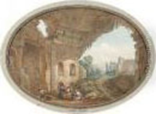 Rovine Di Edificio Romano Con Contadine In Paesaggio Laziale Oil Painting by Hubert Robert