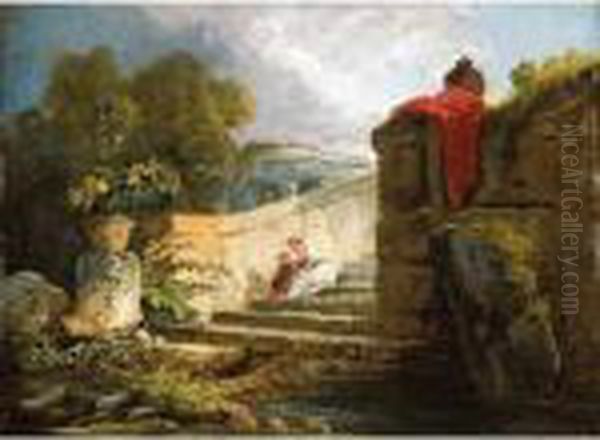A Scene In The Grounds Of The 
Villa Farnese, Rome, With A Mother And Child Seated Upon An Antique 
Stair, A Classical Rotunda Beyond Oil Painting by Hubert Robert