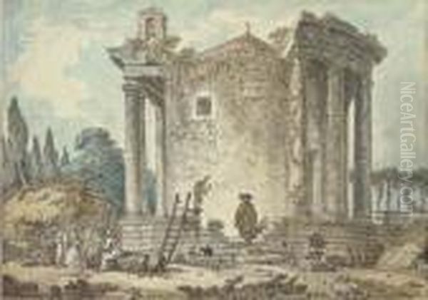 A Capriccio With The Temple Of 
The Sybil At Tivoli, Capuchinpriests Standing Amongst The Ruins Oil Painting by Hubert Robert
