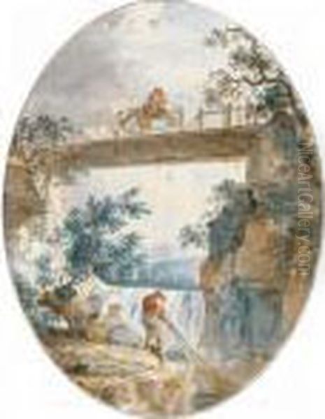 A Fisherman Pulling A Net From A
 River Near A Small Waterfall, A Woman Resting Nearby, And A Shepherdess
 On A Horse Crossing A Bridge With Her Flock Oil Painting by Hubert Robert
