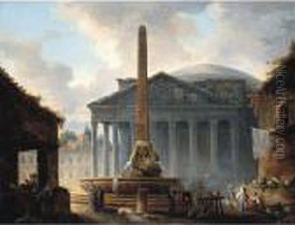 Rome, A View Of The Piazza Della
 Rotonda With The Pantheon And Figures Before The Obelisk Fountain Oil Painting by Hubert Robert