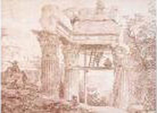 Artiste Dessinant Un Chapiteau 
Du Temple D'apollon, Perche Sur Un Echafaudage, Dans Les Ruines Du Forum Oil Painting by Hubert Robert