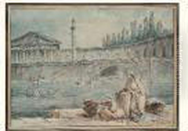 Pecheurs Sur Un Quai Aupres D'une Fantaisie D'architecture Romaine Oil Painting by Hubert Robert