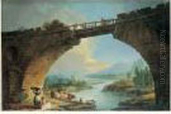 Lavandieres Sous Un Pont Dans Un Paysage Panoramique Oil Painting by Hubert Robert
