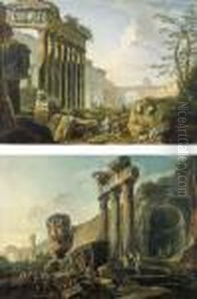 Capriccio Con Il Pronao Di Un 
Tempio Ottastilo, Altre Rovine E Astanti Capriccio Con Il Tempio Di 
Giove Oil Painting by Hubert Robert