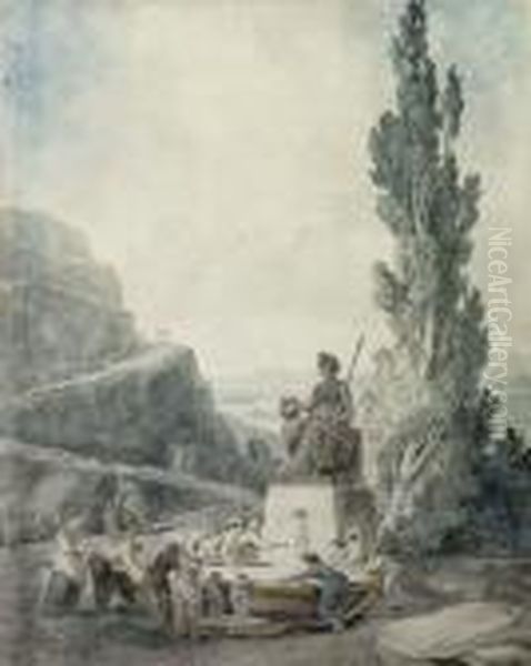 Sans Culottes Drinking At A Fountain Oil Painting by Hubert Robert