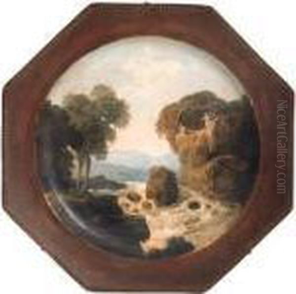 A Gorge With Figures On A Rock 
Above A Waterfall, Painted On Anoctagonal French Creamware Plate With A 
Beaded Rim Oil Painting by Hubert Robert