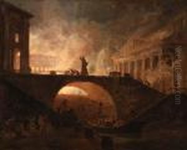 An Architectural Fantasy Of Rome
 With The Colosseum Ablaze, St.peter's And The Pantheon Beyond Oil Painting by Hubert Robert