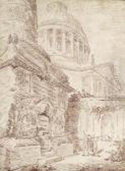 A Capriccio With Trajan's Column And The Dome Of Saint Peter's Oil Painting by Hubert Robert