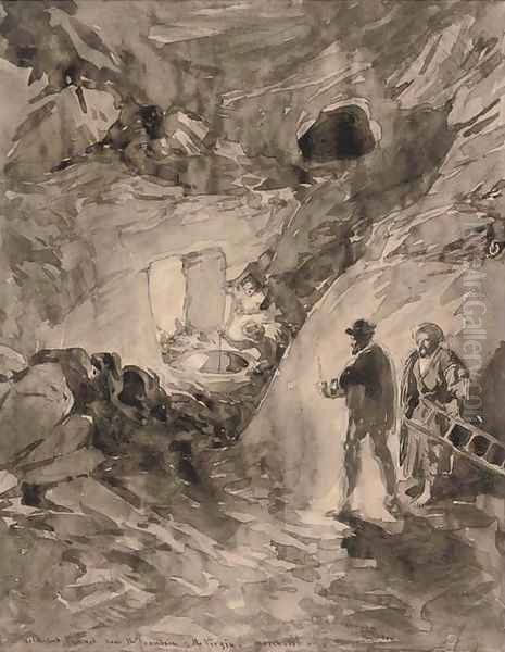 The rock-cut tunnel near the fountain of the Virgin, Nazareth Oil Painting by William Simpson