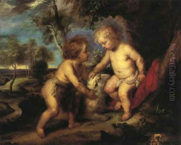 The Christ Child and the Infant St. John after Rubens Oil Painting by Theodore Clement Steele