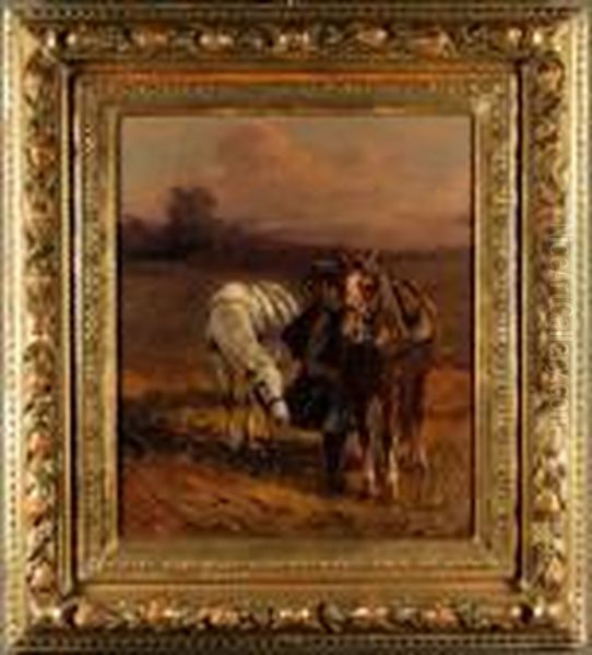 ''militare Con Cavalli
A Riposo In Mezzo Alla Radura''. Oil Painting by Leonardo Roda