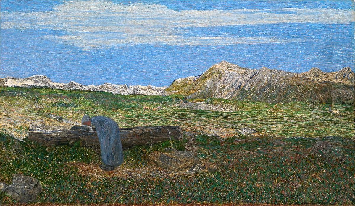 Woman at the fountain Oil Painting by Giovanni Segantini