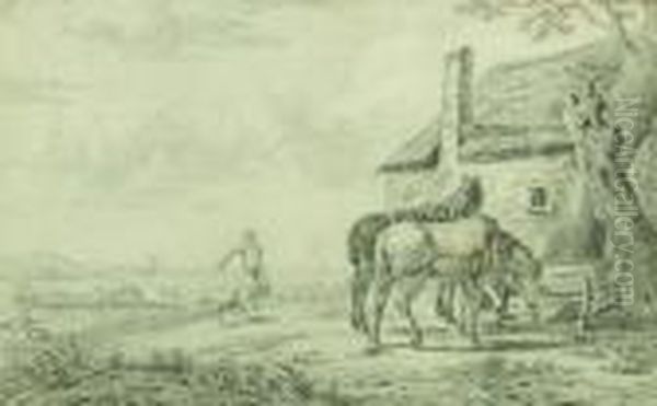 Zwei Blatter: A) Pferde Vor Dem Gehoft Oil Painting by Willem Roelofs