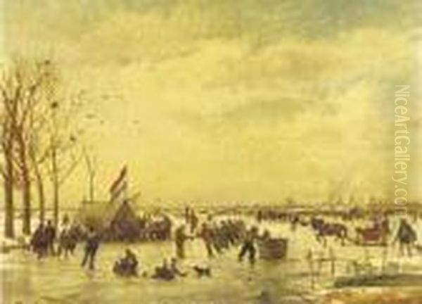 Hollandsch Ijsvermaak: A 
Populous Crowd Enjoying A Day On The Ice With Rotterdam In The Distance Oil Painting by Willem Roelofs