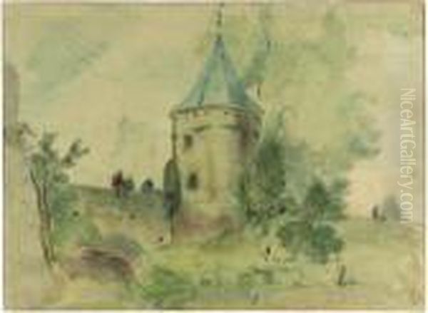 The Monnikendam Watergate, 
Amersfoort With Figures Fishing (recto);a Sketch Of A Farm On The 
Grutterdijk, Near Amersfoort(verso) Oil Painting by Willem Roelofs