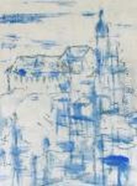 Kloster Andechs. Blau Lavierte 
Kohlezeichnung Auf Velin. 48 X 36 Cm. 1921. Ruckseitig Mit 
Nachlasstempel Und Datierung. Im Leinenpassepartout, Unter Glas Gerahmt. Oil Painting by Christian Rohlfs