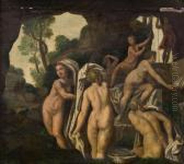 Aktaeon Beobachtet Diana Und Ihre Nymphen Im Bad Oil Painting by Giulio Romano (Orbetto)