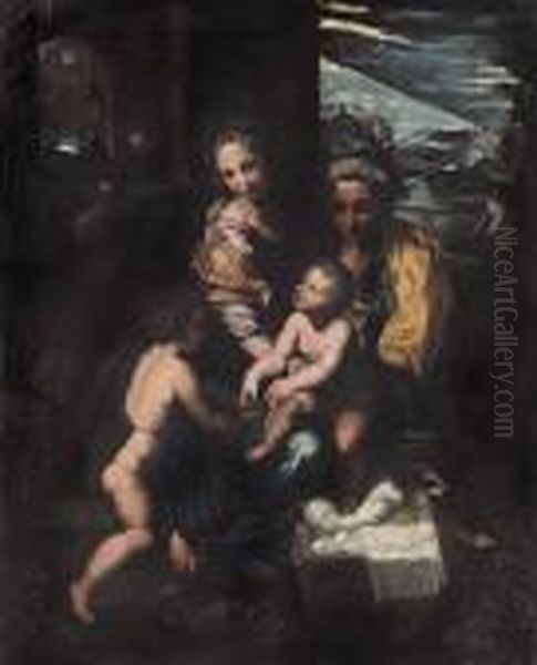 Sacra Famiglia Con Santa Elisabetta E San Giovannino Oil Painting by Giulio Romano (Orbetto)