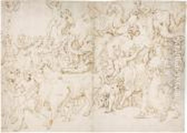 Zug Mit Zahlreichen Personen Und Tieren, Wie Elefanten, Kamele, Ochsen, Widder U.a. Oil Painting by Giulio Romano (Orbetto)