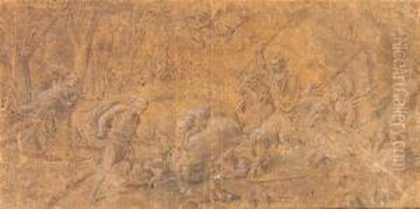 Hunting The Caledonian Boar. Oil Painting by Giulio Romano (Orbetto)