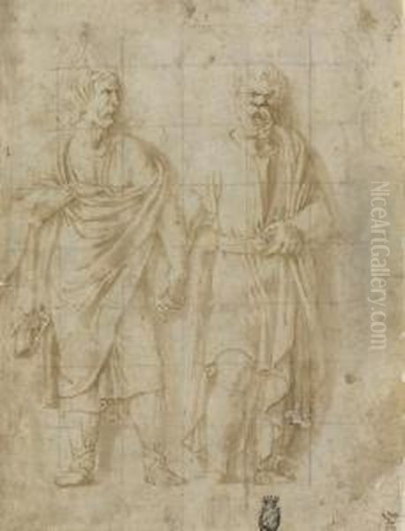 Socrates And A Barbarian, Hands Clasped Oil Painting by Giulio Romano (Orbetto)