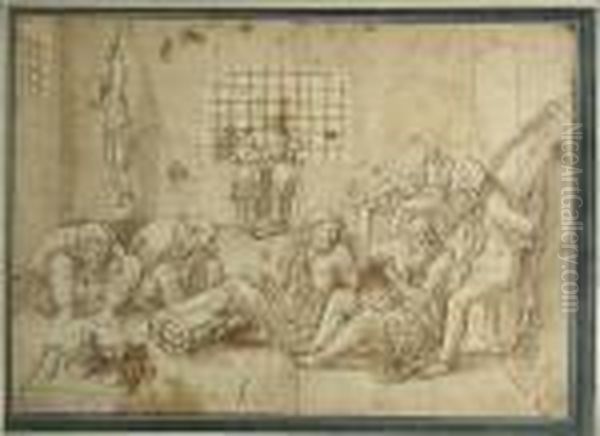 Chained Figures In A Prison Cell Oil Painting by Giulio Romano (Orbetto)