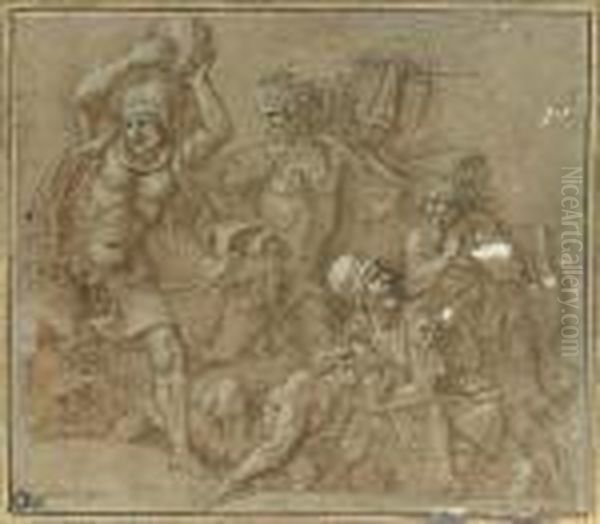 Menelas Et Diomede Protegeant Le Corps De Patrocle Oil Painting by Giulio Romano (Orbetto)