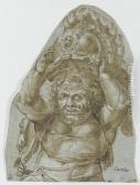 A Dwarf Carrying A Soldier's Helmet Oil Painting by Giulio Romano (Orbetto)