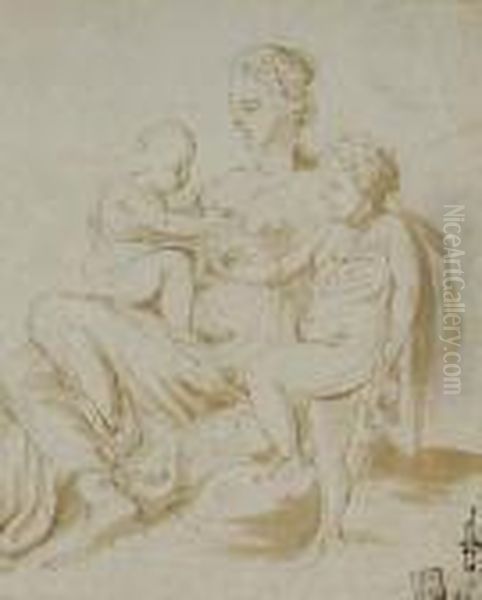 A Seated Mother And Her Two Children Oil Painting by Giulio Romano (Orbetto)