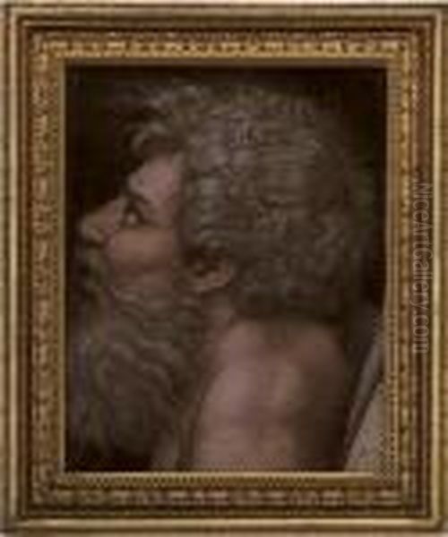 Head Of A Bearded Man Looking Up To The Left Oil Painting by Giulio Romano (Orbetto)