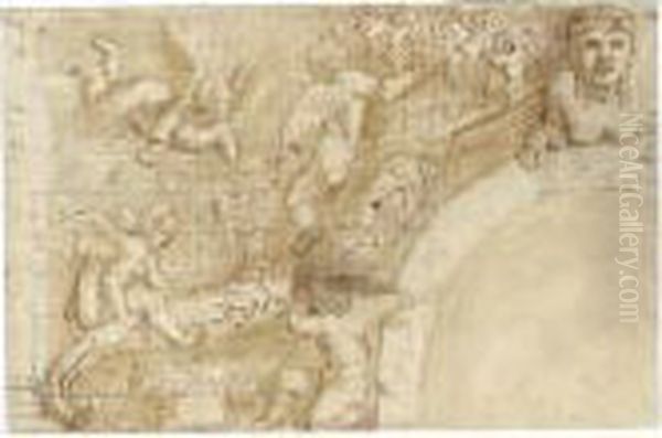 Putti Playing With Vines And A Cornucopia, A Sphinx Above An Arch To The Right Oil Painting by Giulio Romano (Orbetto)