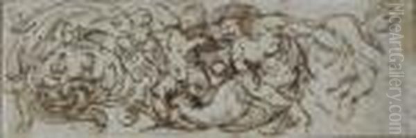 A Design For A Frieze With Putti And Other Figures Oil Painting by Giulio Romano (Orbetto)