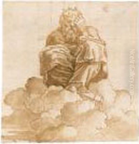 A Male Figure Seated On Clouds: Part Of A Design For A Ceiling Decoration Oil Painting by Giulio Romano (Orbetto)